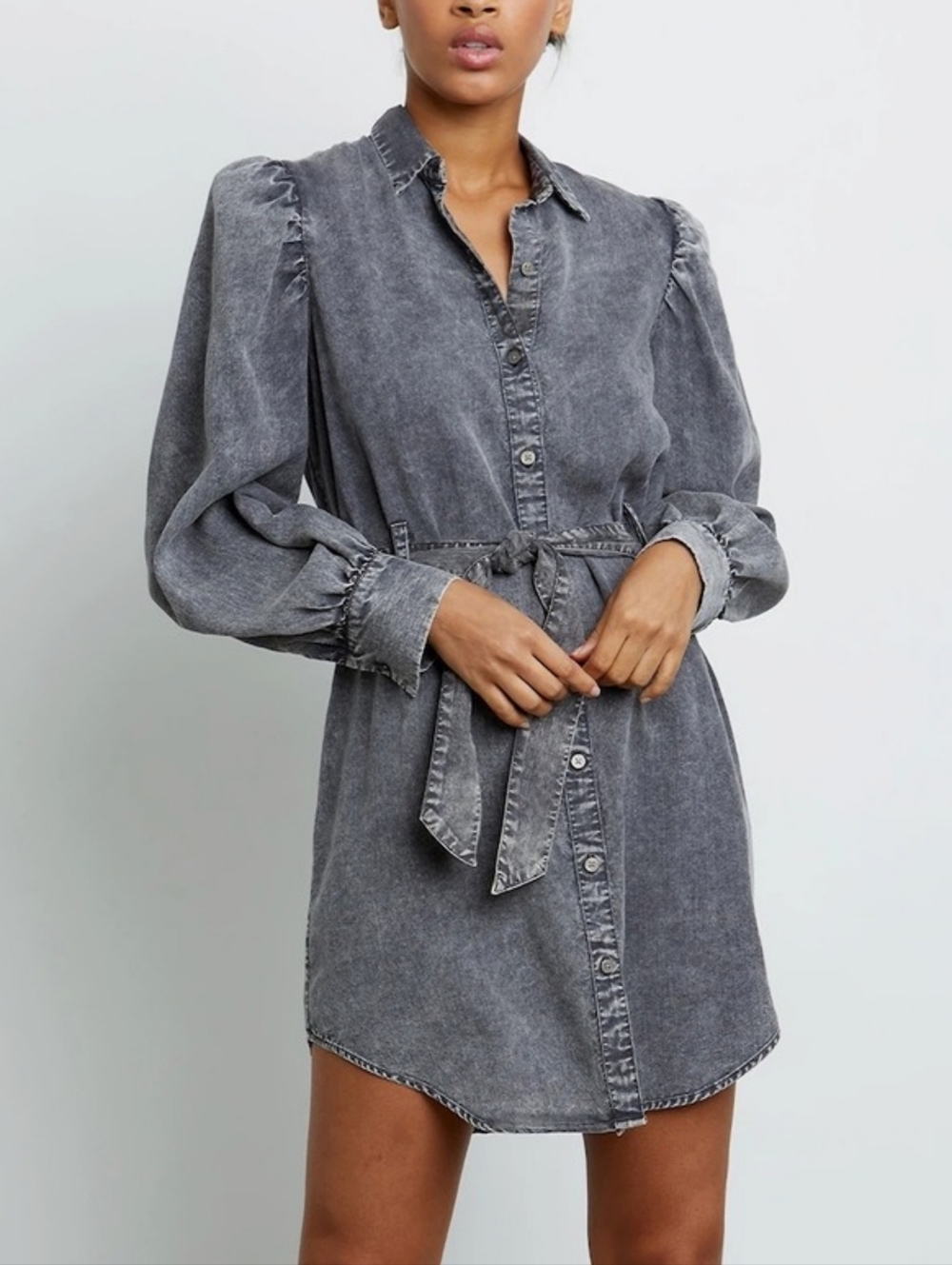 Rails Button Up Puff Sleeve Adele Black Acid Wash Tie Waist Dress, S
